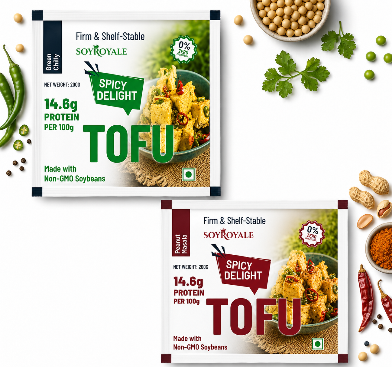 SoyRoyale Green Chilly Tofu – Firm & Shelf Stable | 14.6g Protein per 100g |High Protein Vegan Snack | Ready-to-Eat | 200g