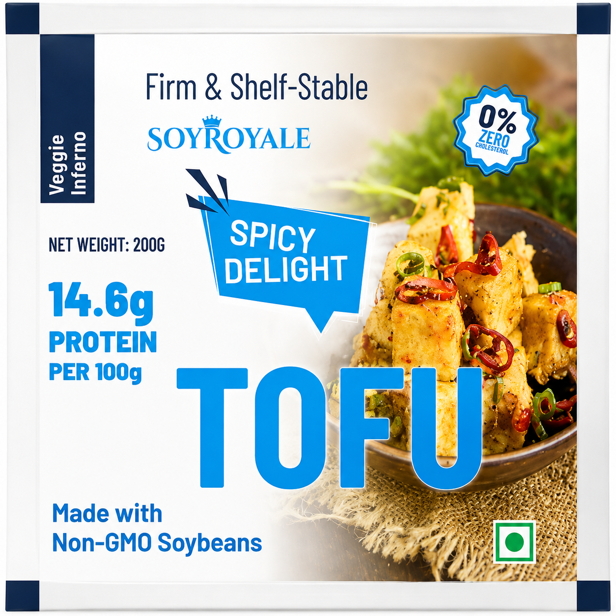 SoyRoyale Spicy Delight Tofu – High Protein Vegan Tofu | Ready-to-Cook Spicy Flavor (200g)